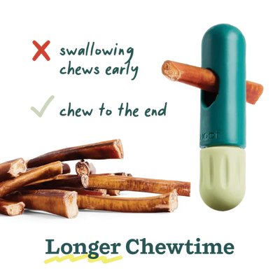 Woof BullySafe adjustable chew holder shown with a bully stick inserted and natural chews beside it