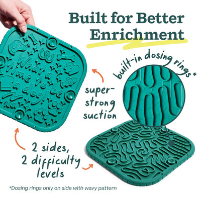 Both sides of the green Woof FlipMat showing textured patterns, suction cups and dosing rings
