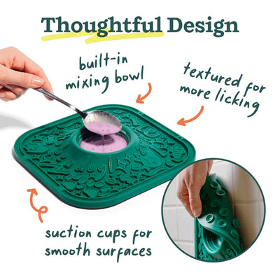 Forest green Woof LickMat showing built-in mixing bowl, licking textures and suction cups