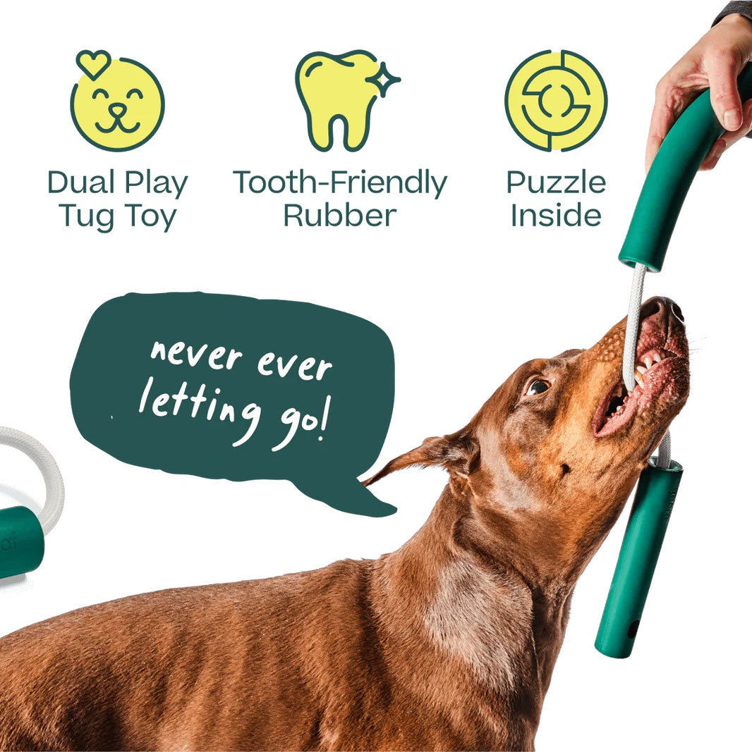 Woof Nomchucks two-in-one dog toy showing tooth-friendly rubber handles and puzzle treat chambers