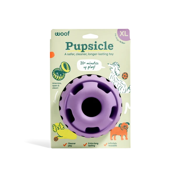 XL lavender Woof Pupsicle dog enrichment toy shown in its retail packaging