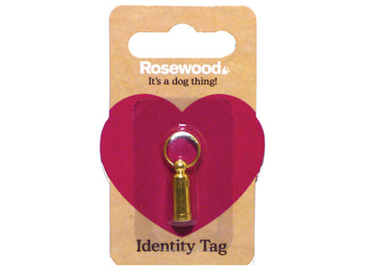 Rosewood gold capsule identity tag for dogs, displayed on heart-shaped packaging, ideal for securely storing pet ID details on collars or harnesses.